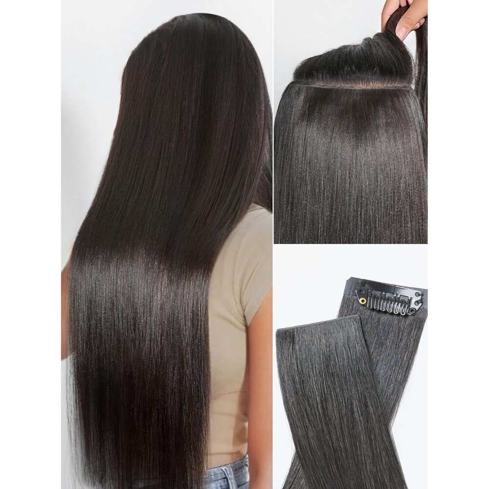Hair Extensions Human Remy 16in Black Clip Ins Yaki Straight Women